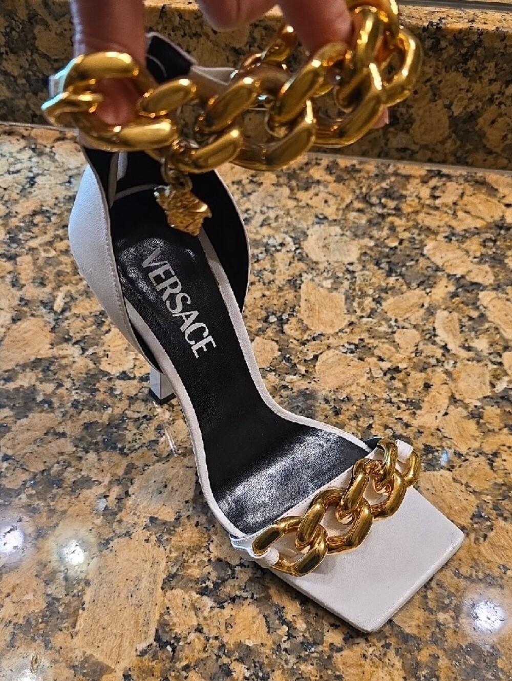 Versace White Heeled Sandals with Gold Chain Accents - Picture 10 of 12